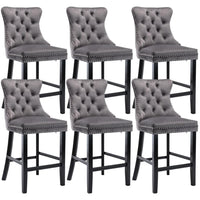 6X Velvet Bar Stools with Studs Trim Wooden Legs Tufted Dining Chairs Kitchen Kings Warehouse 