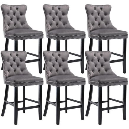 6X Velvet Bar Stools with Studs Trim Wooden Legs Tufted Dining Chairs Kitchen Kings Warehouse 