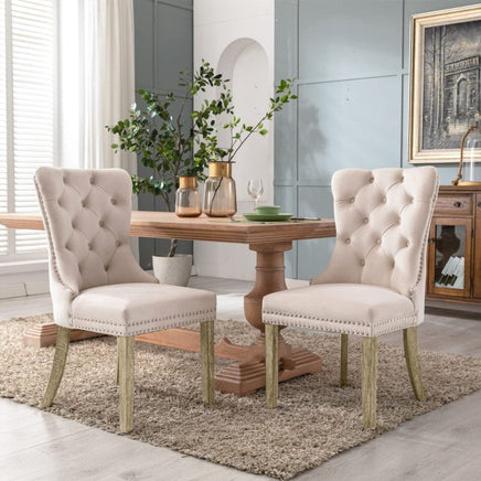 6x Velvet Dining Chairs Upholstered Tufted Kithcen Chair with Solid Wood Legs Stud Trim and Ring-Beige Kings Warehouse 