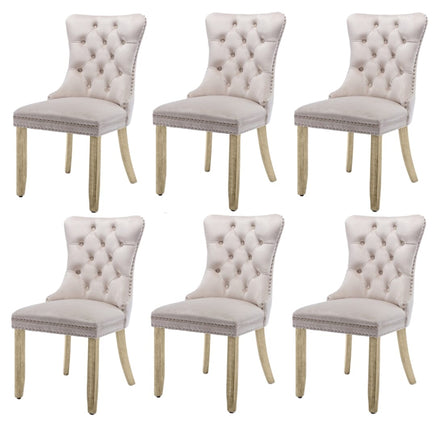 6x Velvet Dining Chairs Upholstered Tufted Kithcen Chair with Solid Wood Legs Stud Trim and Ring-Beige Kings Warehouse 