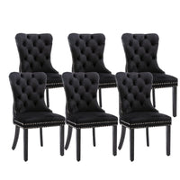 6x Velvet Dining Chairs Upholstered Tufted Kithcen Chair with Solid Wood Legs Stud Trim and Ring-Black Kings Warehouse 