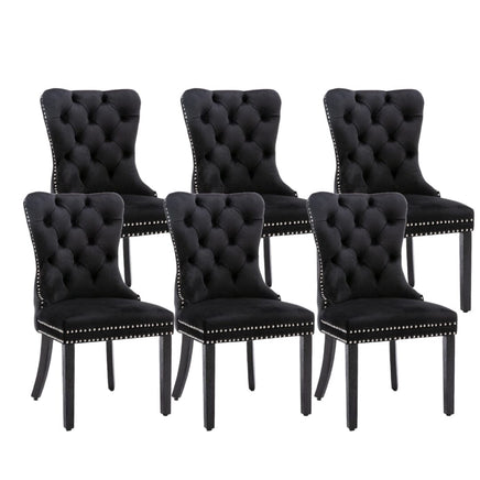 6x Velvet Dining Chairs Upholstered Tufted Kithcen Chair with Solid Wood Legs Stud Trim and Ring-Black Kings Warehouse 