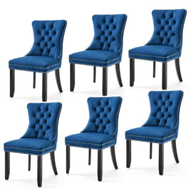 6x Velvet Dining Chairs Upholstered Tufted Kithcen Chair with Solid Wood Legs Stud Trim and Ring-Blue Kings Warehouse 