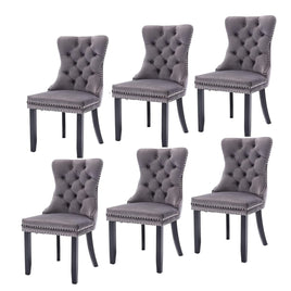 6x Velvet Dining Chairs Upholstered Tufted Kithcen Chair with Solid Wood Legs Stud Trim and Ring-Gray Kings Warehouse 