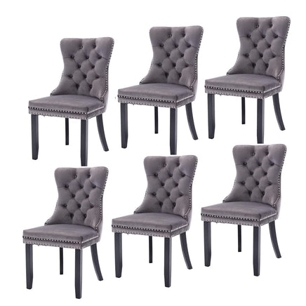 6x Velvet Dining Chairs Upholstered Tufted Kithcen Chair with Solid Wood Legs Stud Trim and Ring-Gray Kings Warehouse 