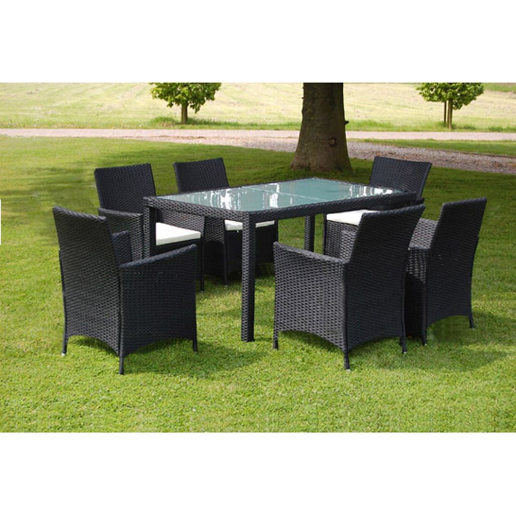 7 Piece Outdoor Dining Set with Cushions Poly Rattan Black Kings Warehouse 