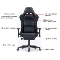 7 RGB Lights Bluetooth Speaker Gaming Chair Ergonomic Racing chair 165° Reclining Gaming Seat 4D Armrest Footrest Black Red Kings Warehouse 