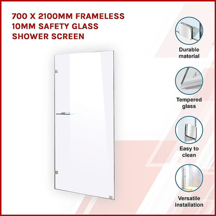 700 x 2100mm Frameless 10mm Safety Glass Shower Screen Kings Warehouse 