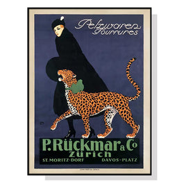 70cmx100cm Woman Walking Leopard Vintage Black Frame Canvas Wall Art Kings Warehouse 