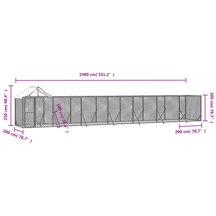 Outdoor Dog Kennel with Roof Silver 14x2x2.5 m Galvanised Steel
