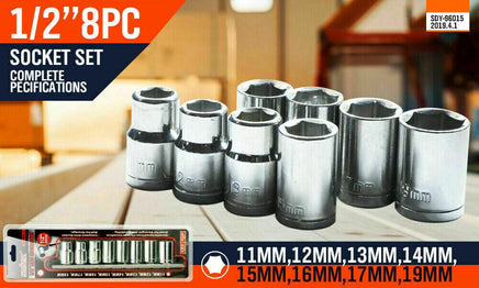 8Pc Metric Socket Set 1/2" Drive 11MM - 19MM For Wrench CRV Mechanic With Holder Kings Warehouse 