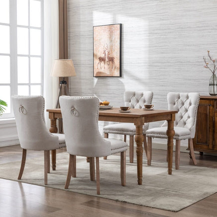 8x AADEN Modern Elegant Button-Tufted Upholstered Fabric with Studs Trim and Wooden legs Dining Side Chair-Beige Kings Warehouse 