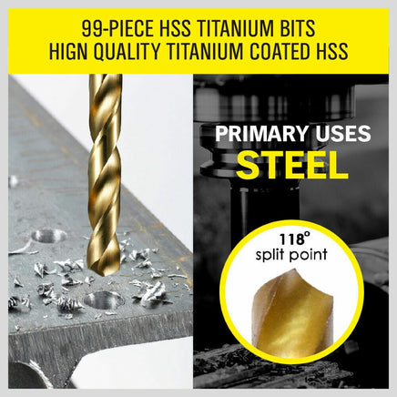 99Pc Drills Set HSS Titanium Coated Wood Plastic Metal Metric 1.5-10mm With Case Kings Warehouse 