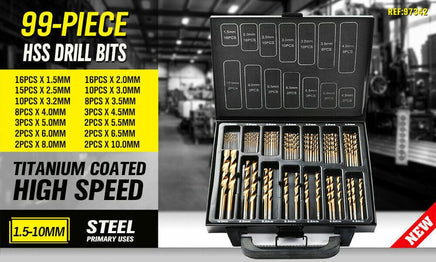 99Pc Drills Set HSS Titanium Coated Wood Plastic Metal Metric 1.5-10mm With Case Kings Warehouse 
