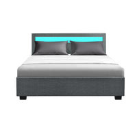 Bed Frame Double Size Gas Lift RGB LED Bedbase Grey Cole