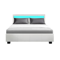 Bed Frame Double Size Gas Lift RGB LED White Cole