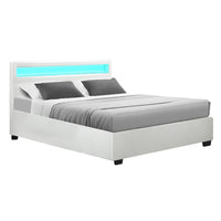 Cole LED Bed Frame PU Leather Gas Lift Storage - White Queen