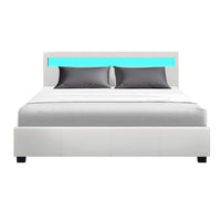 Cole LED Bed Frame PU Leather Gas Lift Storage - White Queen