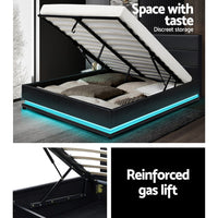 Lumi LED Bed Frame PU Leather Gas Lift Storage - Black Double