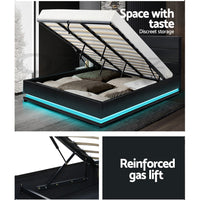 Lumi LED Bed Frame PU Leather Gas Lift Storage - Black King