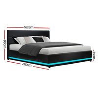 Lumi LED Bed Frame PU Leather Gas Lift Storage - Black Queen