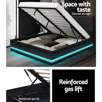 Lumi LED Bed Frame PU Leather Gas Lift Storage - Black Queen