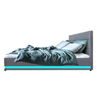 Lumi LED Bed Frame Fabric Gas Lift Storage - Grey Queen