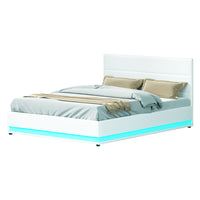 Lumi LED Bed Frame PU Leather Gas Lift Storage - White Queen