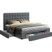 Avio Bed Frame Fabric Storage Drawers - Grey Queen