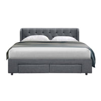 Bed Frame Queen Size Base With Storage Drawers Grey Fabric Mila Collection