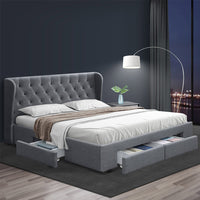 Bed Frame Queen Size Base With Storage Drawers Grey Fabric Mila Collection