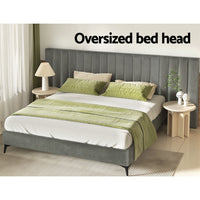 Bed Frame King Size Bed Base w Oversized Headboard Velvet Fabric Grey