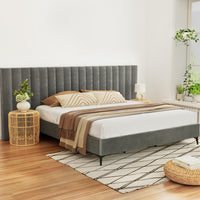 Bed Frame King Size Bed Base w Oversized Headboard Velvet Fabric Grey