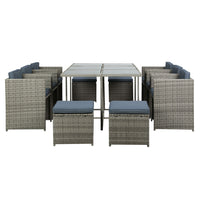 Outdoor Dining Set 11 Piece Wicker Table Chairs Setting Grey