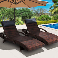 Set of 2 Sun Lounge Outdoor Furniture Wicker Lounger Rattan Day Bed Garden Patio Brown