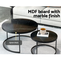 Nesting Coffee Tables Set of 2 Marble-effect Top 80/60CM Black Metal Base