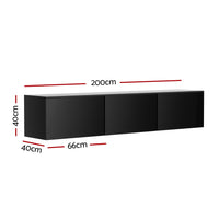Floating Entertainment Unit TV Cabinet High Glossy Black 3 Cabinets 200CM