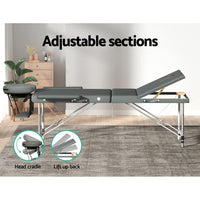 Zenses Massage Table 75cm 3 Fold Aluminium Beauty Bed Portable Therapy Grey