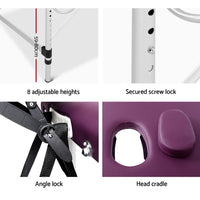 Zenses Massage Table 75cm 3 Fold Aluminium Beauty Bed Portable Therapy Violet