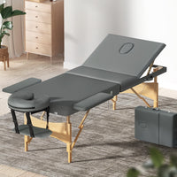 Zenses Massage Table 75cm 3 Fold Wooden Portable Beauty Therapy Bed Waxing Grey