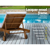 2pc Sun Lounge Wooden Lounger Outdoor Furniture Day Bed Wheel Patio White