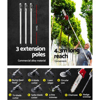 65CC Pole Chainsaw Hedge Trimmer Brush Cutter Whipper Snipper 9-in-1 4.3m
