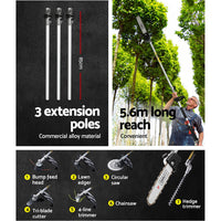 62CC Pole Chainsaw Hedge Trimmer Brush Cutter Whipper 7-in-1 5.6m Black