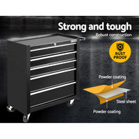 5 Drawer Mechanic Tool Box Cabinet Storage Trolley - Black