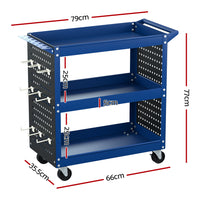 3-Tier Tool Trolley Cart Workshop Wheels Mobile Work Mechanic Storage Blue