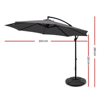 3M Umbrella with 48x48cm Base Outdoor Umbrellas Cantilever Sun Beach Garden Patio Charcoal