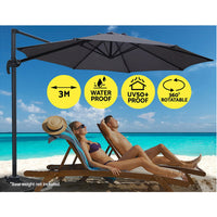 Outdoor Umbrella 3M Roma Cantilever Beach Furniture Garden 360 Degree Charcoal