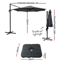 Outdoor Umbrella 3m Base Cantilever Beach Stand Sun Roma Charcoal 50cm