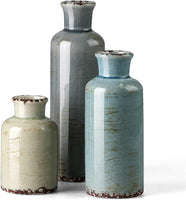 Ceramic Vases Set of 3 Crackled Finish Blue Farmhouse for Home Dýÿcor