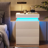 LED Bedside Table High Gloss Nightstand Cabinet with 3-Drawers White